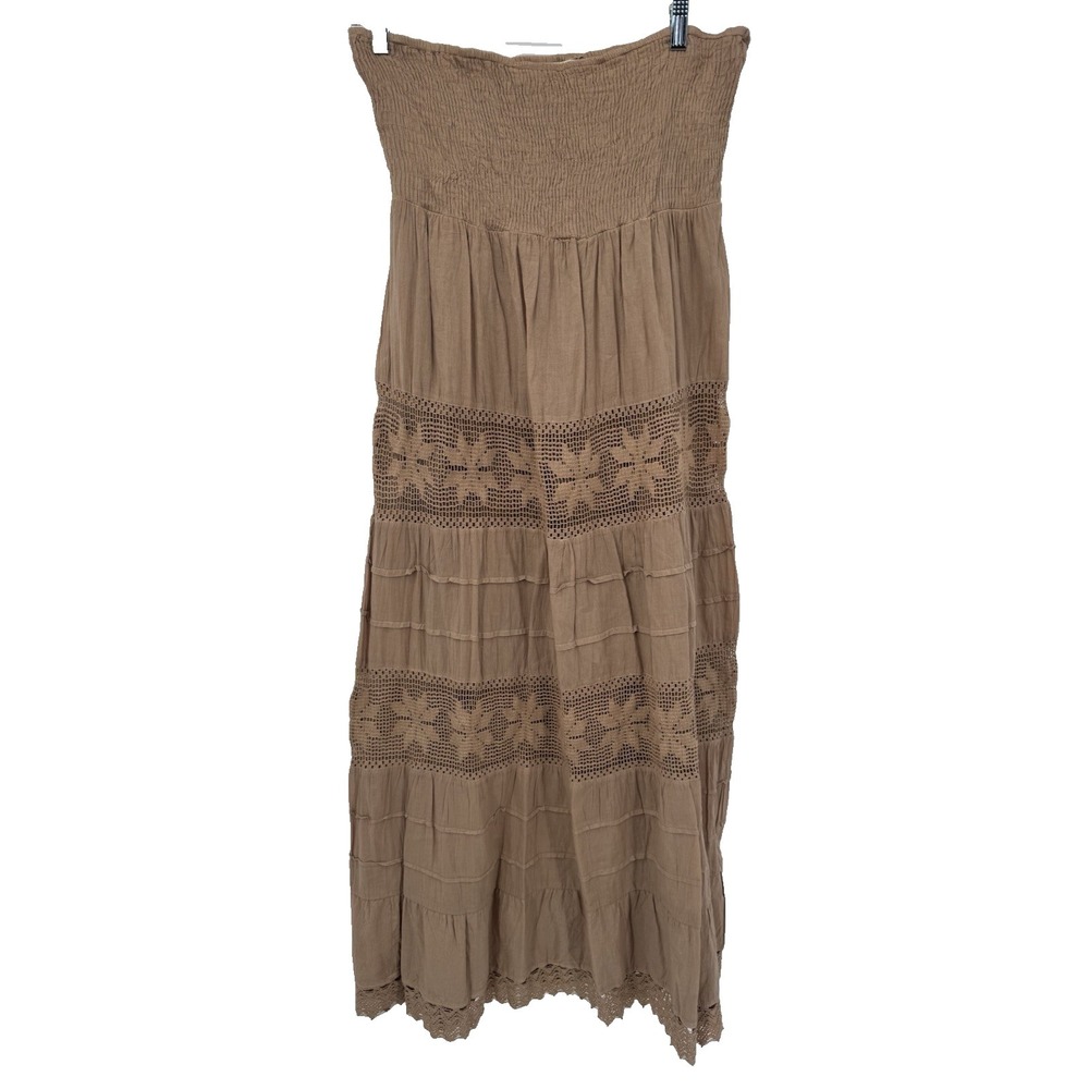 Ya Ya Club 100% cotton lace tan tiered Maxi Dress Ruffle boho tube top resort XL
